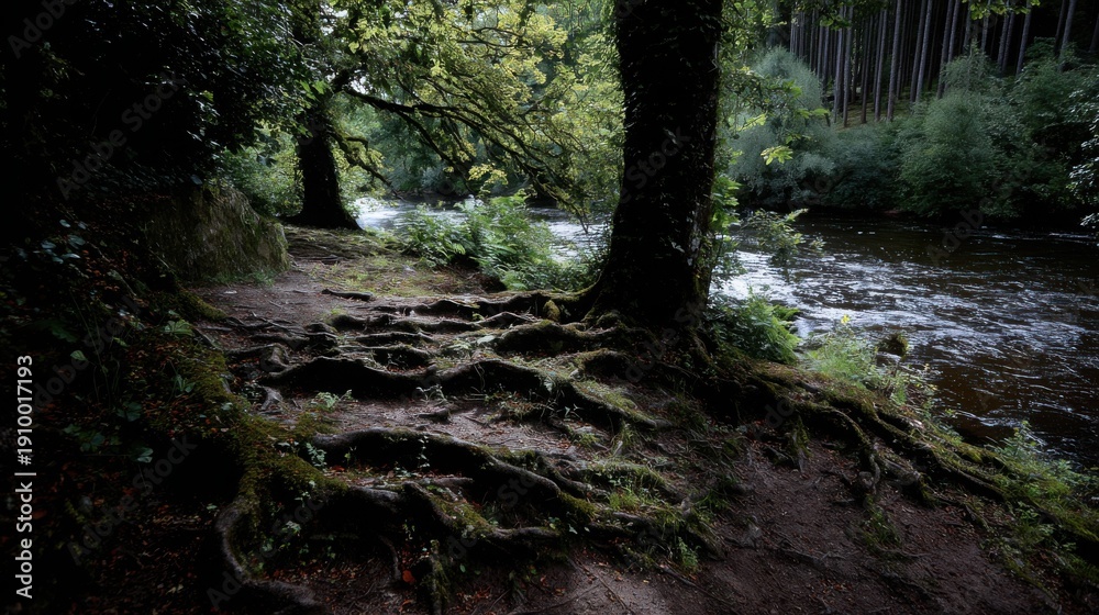 Fototapeta premium Gnarly ancient tree roots exposed on a riverbank path in a lush forest setting