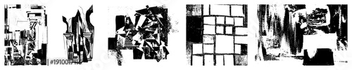 Fragmented shapes in black and white, halftone texture, abstract composition, graphic design elements, modern art style, vector illustration.