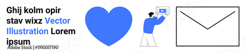Man holding tablet with play button, large blue heart, and envelope outline. Ideal for communication, connection, social media, email interaction, relationship themes, technology simple landing page