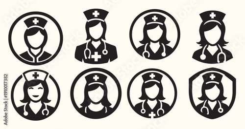 Nine Black and White Nurse Icons Female Medical Professionals Healthcare Symbols