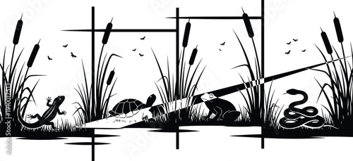 Black and white silhouette illustration of wetland ecosystem with salamander, turtle, frog, snake, grasses, cattails, insects, biodiversity nature concept, and educational background design
