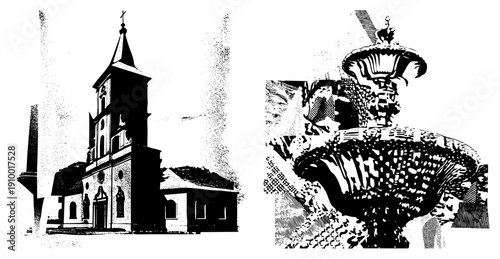 Black and white halftone vector of ornate fountain and church, architectural, urban plaza, religious building, water feature, stylized graphic.