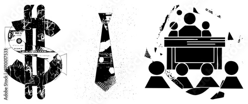 Grunge styled dollar symbol, necktie, and business meeting with fragmented textures, black silhouette figures, corporate symbolism, vector art, financial concepts.