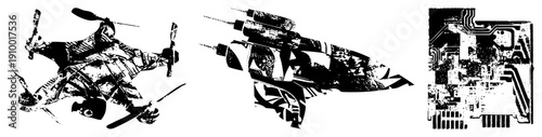 Stylized drone, jet fighter, and circuit board rendered in halftone vector art, tech fusion design, digital illustration, isolated tech elements, graphic, tech aesthetic.