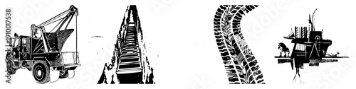 Four stylized vector graphics tow truck, staircase, tire tread, ship with lion., halftone textures, geometric shapes, industrial and nautical themes.