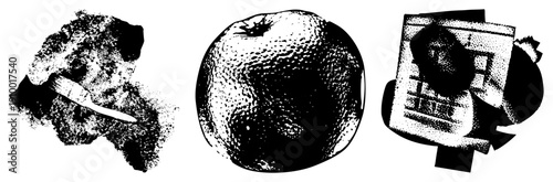 Three halftone vector graphics textured, brushstroke abstract, newspaper clipping., dot, isolated elements for design.