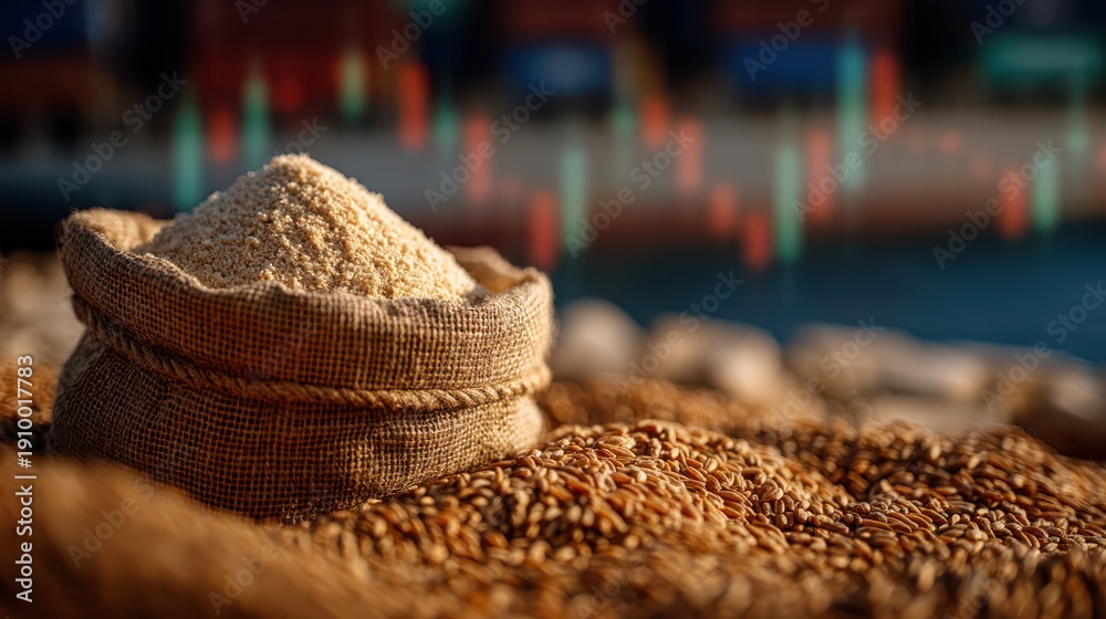 Fototapeta premium A burlap sack filled with wheat flour sits atop a pile of wheat grains with a blurred stock market chart in the background.