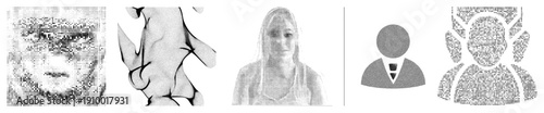 Black and white halftone portraits, abstract human figures, stylized faces, dot matrix art, graphic design elements, vector illustrations.