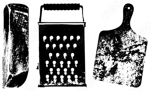 Rustic kitchen tools including box grater, cutting board, and cheese knife, rendered in halftone texture, vintage aesthetic, culinary prep essentials.