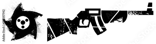 Black and white vector featuring a shuriken and rifle, halftone texture, graphic design, isolated symbols, combat gear, ninja weapon, firearm silhouette.