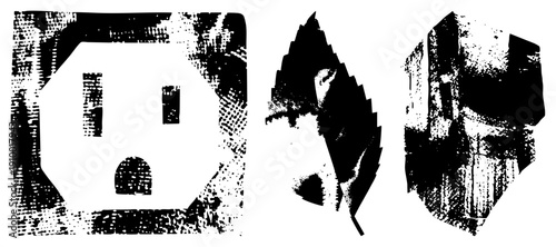 Stylized black and white vector with halftone texture power outlet, leaf, stone block. Graphic design elements with gritty, distressed aesthetic. Ideal for UI, print, or digital art.