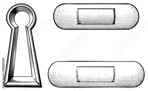 Classic keyhole silhouette and adhesive bandages rendered in halftone dot, medical first aid symbols, vector illustration, black and white graphic design.