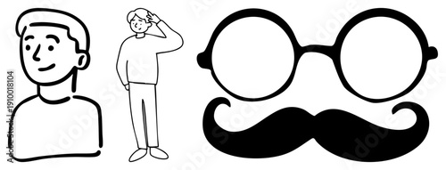 Classic male portrait, round spectacles, handlebar mustache, minimalist art, retro gentleman, vintage character, stylized avatar.
