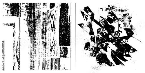 Black and white graphic art featuring shattered polygonal shapes, halftone dot, and distressed textures, ideal for modern design or glitch aesthetics.