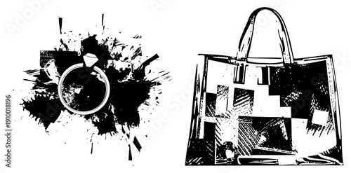 Stylized ring with diamond amid ink splatter, geometric handbag with halftone texture, vector art, fashion accessory, minimalist design.