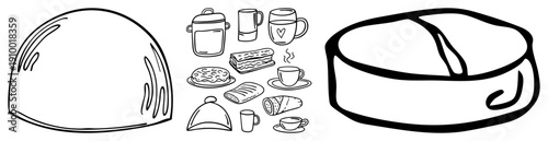Coffee cup, pastry, bread,, bakery items, café, style, food illustration, breakfast set.