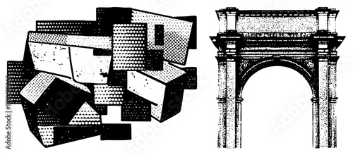 Stylized floating cubes with dot, architectural archway, vector art, black and white, graphic design elements, modern meets classical, geometric abstraction.