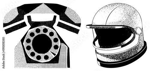 Retro rotary telephone with dial, classic racing helmet, dot matrix shading, black and white vector art, nostalgic tech and motorsport.