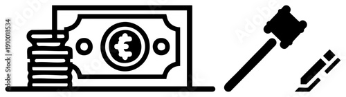Auction hammer, bidding paddle, euro banknote, coin stack, financial auction, bidding process, transaction, marketplace symbol.