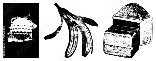 Retro halftone graphic of golf ball, banana peel, and layered cake, stylized vector art,, textured, isolated food and sport.