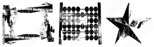 Grunge style abacus with beads and wooden frame, five pointed star with distressed texture, vector, isolated graphic elements.