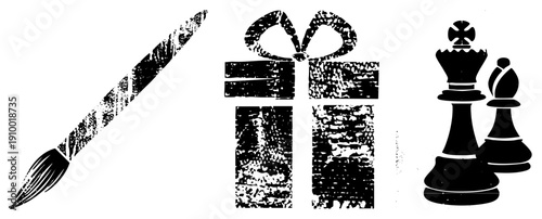 Artistic brushstroke, wrapped gift, chess king and queen, vector, textured stencil style, creative design elements.