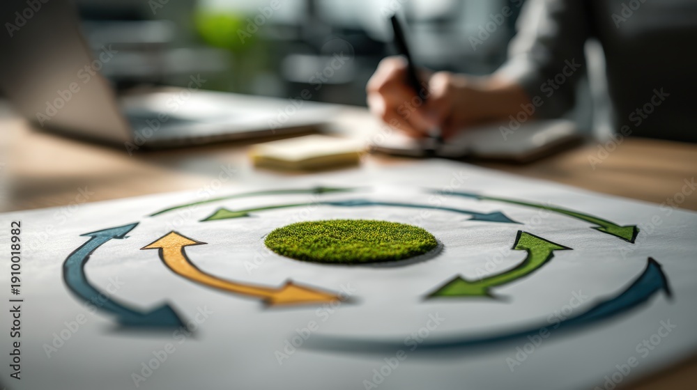 Obraz premium A person writes notes near a circular flowchart featuring green grass in the center, symbolizing sustainability and environmental planning.