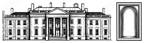 Ornate mansion with columns, pediment, and chimneys, architectural drawing, historic, classical design, vector illustration.