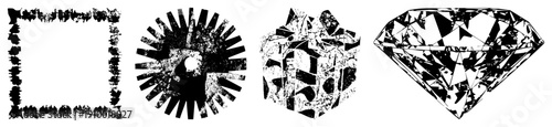 Four stylized vector forms distressed square, gear, fragmented cube, faceted diamond., halftone texture, graphic design elements, isolated foreground.