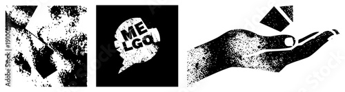 Open palm catching abstract blocks, fragmented geometry, stylized gesture, vector, dotted texture, minimalist art, symbolic transfer.