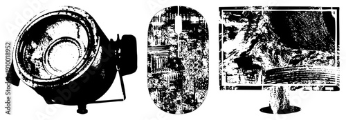 Retro styled halftone illustrations of stage light, computer mouse, and monitor screen, vector art, digital and analog tech fusion.