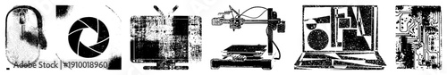 Tech symbols including computer mouse, camera aperture, vintage TV, 3D printer, abstract laptop, circuit board vector digital for UI, web, and design.