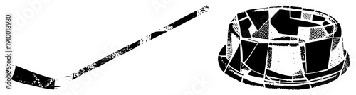 Black and white vector illustration of hockey gear, stick and helmet, stylized with halftone and grunge effects, sports equipment graphic, isolated on transparent background.