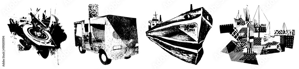Obraz premium Black and white vector illustrations of maritime/land vehicles with halftone, geometric, fragmented forms. Abstract industrial design, graphic texture, bold.