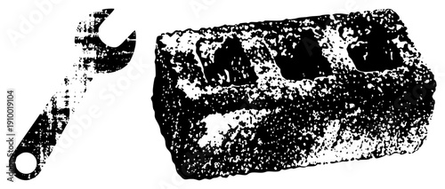 Rustic wrench and weathered brick rendered in gritty halftone, construction tools, masonry equipment, DIY repair, building materials, urban repair, renovation gear.