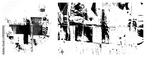 Fragmented black and white graphic with halftone textures, angular forms, and glitch art distortion, ideal for digital design or UI elements.