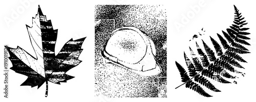 Vector illustration of maple leaf, safety helmet, and fern frond,, halftone texture, isolated foreground elements, graphic design assets.