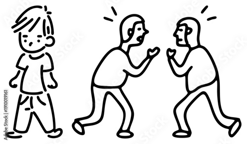 Simplified art of three people, one observing while two energetically, expressive gestures, minimalist style, communication concept.