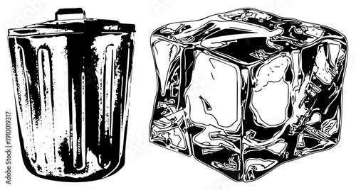 Waste bin with lid and vertical ridges, melting ice cube with textured surface, graphic design elements, art, stylized objects.