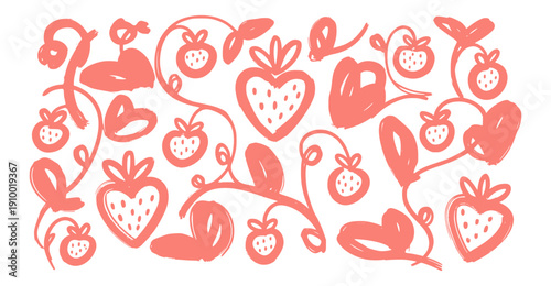 Cute strawberry pattern vector illustration, whimsical hand drawn fruit background with abstract rustic playful pink heart strawberries doodle drawing, brushstroke organic berry vine and leaf design