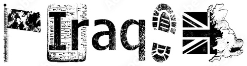 Grunge style "Traq" logo with distressed textures, flag, footprint, and UK map, urban branding, streetwear design, vector art.