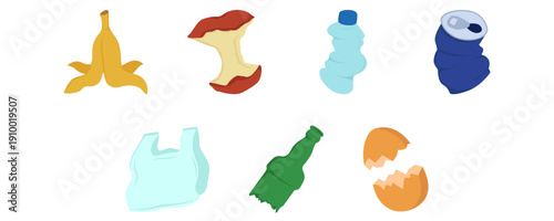 Set of garbage illustration. World cleanup day. Vector isolated.