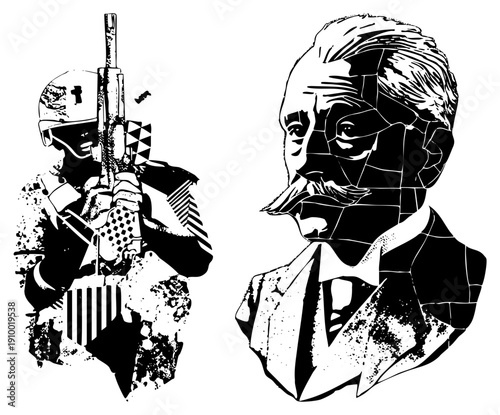 Militant figure with rifle and scholar with mustache, both rendered in bold halftone and geometric, vector illustration, stark, conceptual contrast.