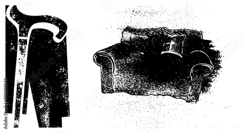 Retro furniture set with curved armrests and textured upholstery, stylized halftone print, classic interior design elements, vector illustration.