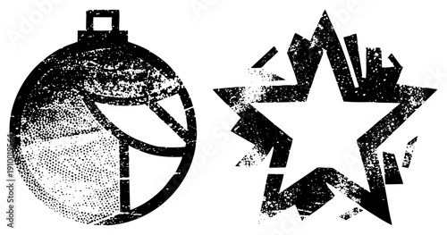 Grunge style halftone Christmas ornament and star, festive holiday, retro vector graphics, textured black and white design, seasonal decorations.