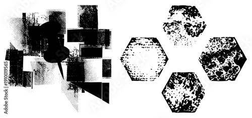 Fragmented geometric forms with halftone dot, abstract composition, graphic design elements, vector art, shapes, digital illustration, stylized forms.