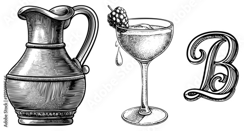 Classic halftone engraved pitcher, cocktail glass with blackberry garnish, decorative serif letter B, vintage illustration style, vector design.