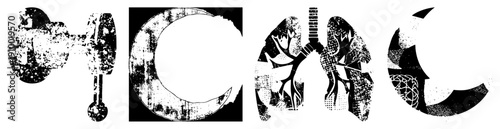 Stylized letterforms with distressed halftone textures, graphic typography, bold shapes, artistic lettering, vector design elements.