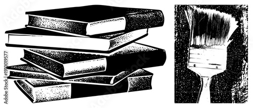 Stacked academic books with textured spines, paintbrush with bristles, educational tools, artistic supplies, graphic, study materials, creative gear.