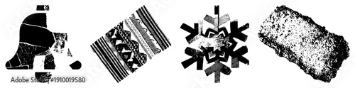 Stylized bell with fragmented texture, geometric textile, symmetrical snowflake, rough stone surface all vector with halftone and glitch effects.
